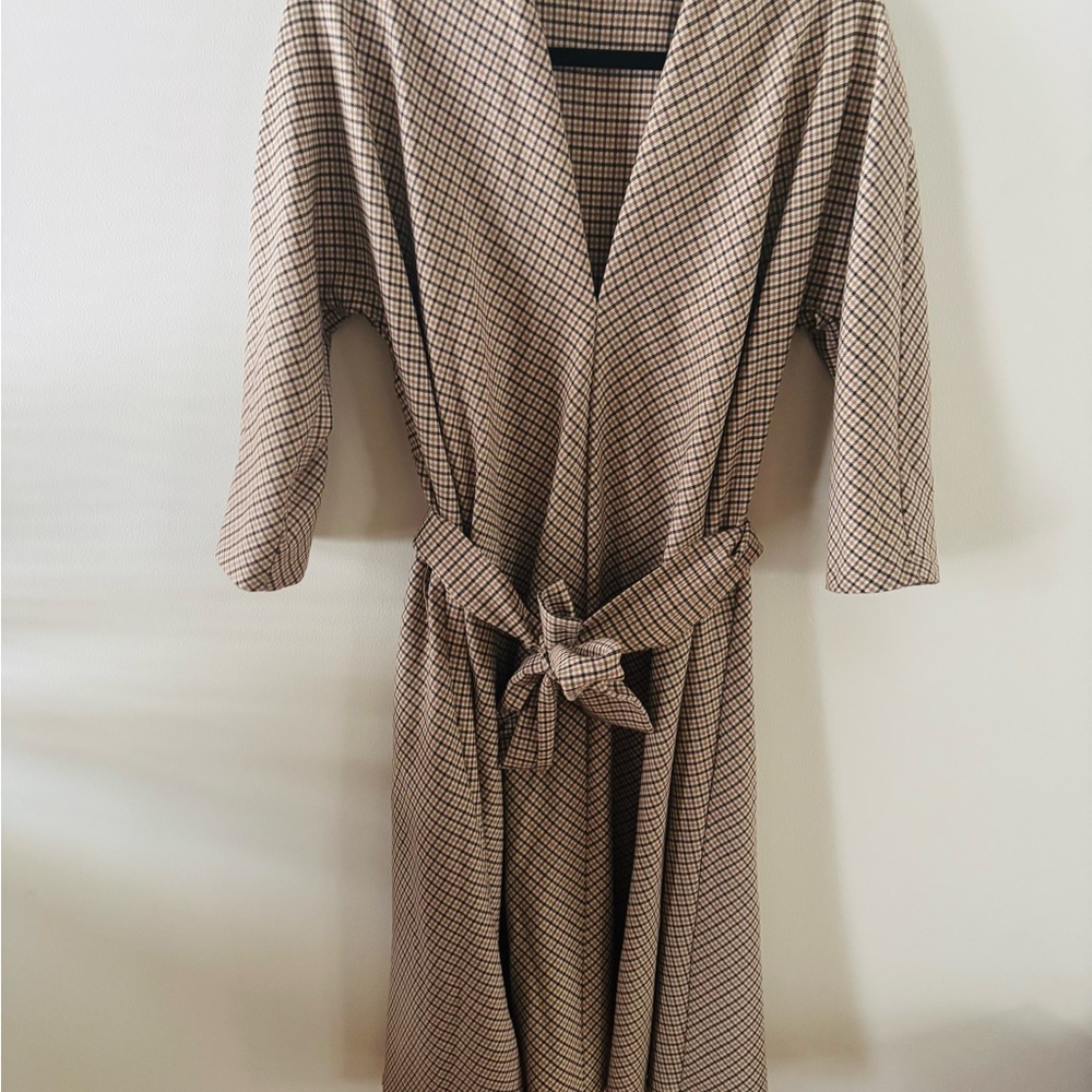 ZARA Woman Belted Wrap Dress Neutral Check Kimono Sleeve Small